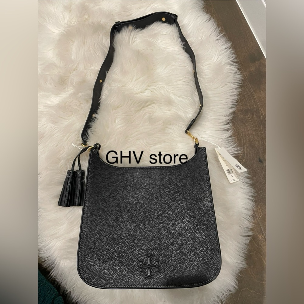 Tory Burch Black Pebbled Leather Hobo Crossbody with Tassel